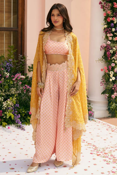 Pink and mustard embroidered cape set