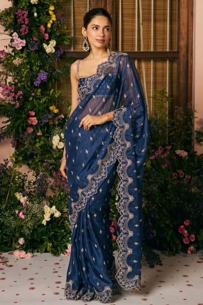 Navy embroidered sari set