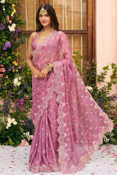 Purple embroidered organza sari set