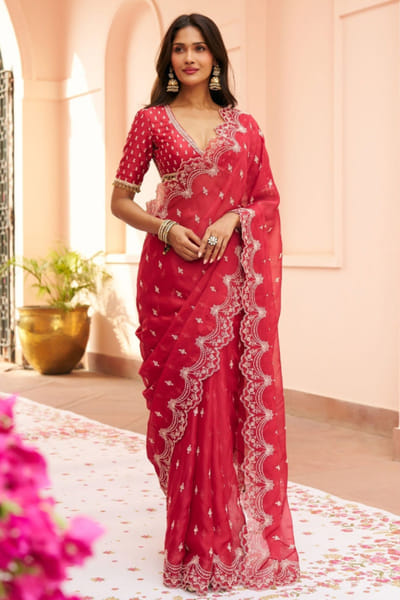 Red embroidered organza sari set