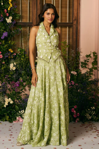 Light green mulmul silk jacket skirt set