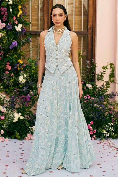 Light blue mulmul silk jacket skirt set