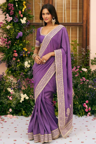 Purple polka dot banarasi sari set