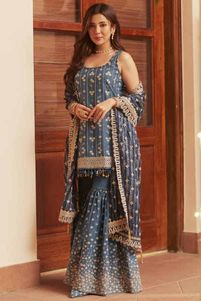Denim printed gharara set