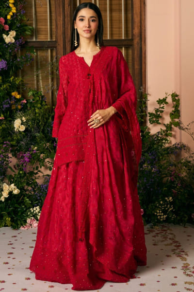 Red organza kurta lehenga set