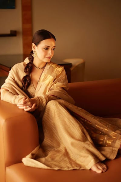 Gold foil block printed anarkali