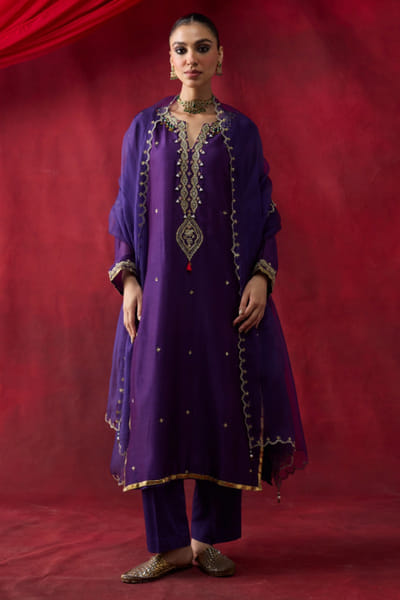 Purple embroidered silk kurta set
