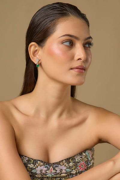 Green stone and Swarovski diamond earrings