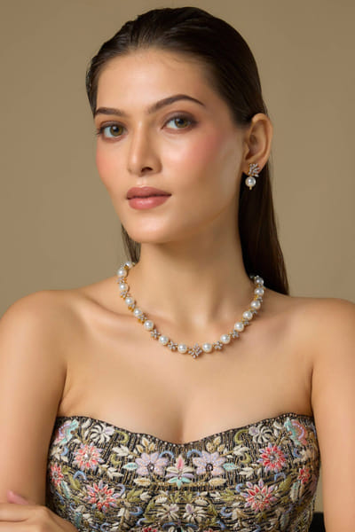 White pearl and Swarovski diamond necklace set