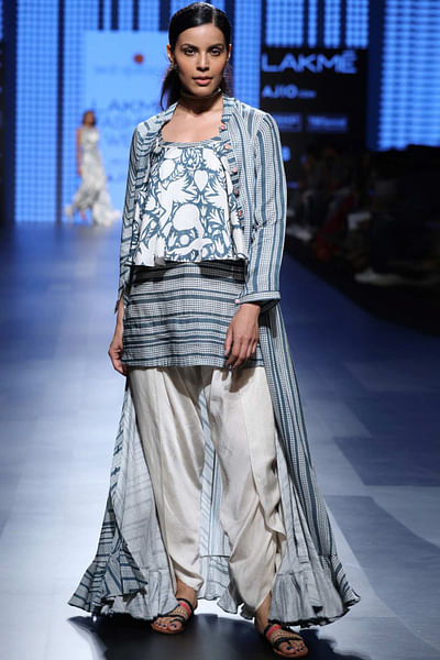 Front open jacket with satin dhoti pants and striped crop top