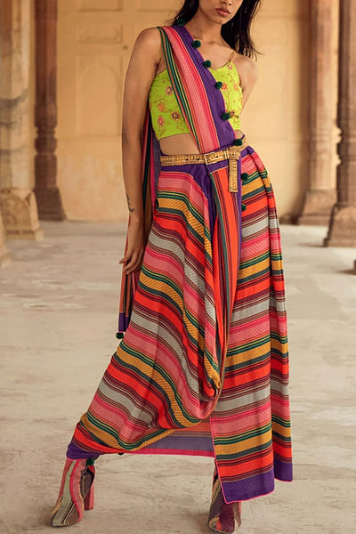 Multicoloured striped sari set