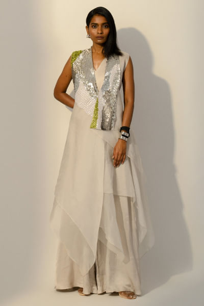 Grey embroidered cape jumpsuit
