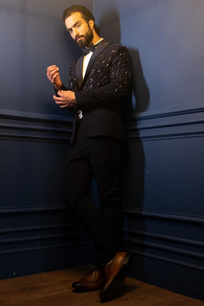 Blue bead embroidery tuxedo set
