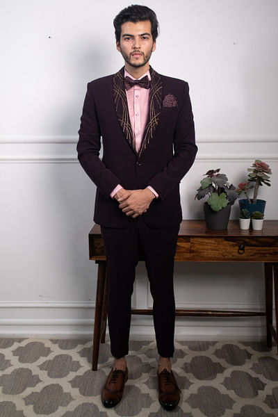 Wine embroidered tuxedo set