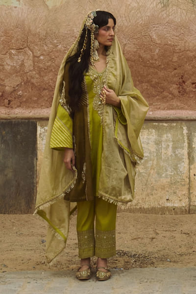 Olive green embroidered kurta set