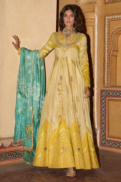 Mustard yellow embroidered anarkali set