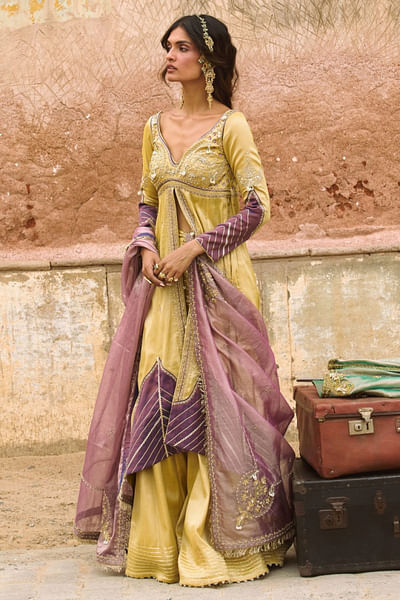 Lemon yellow embroidered jacket sharara set