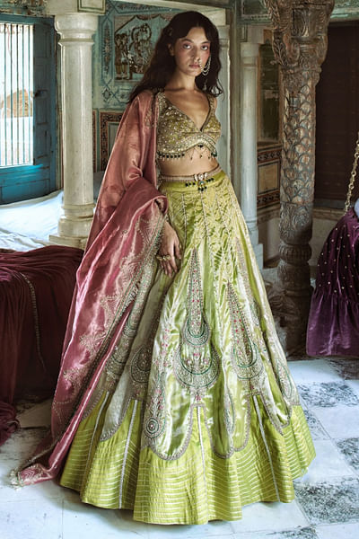 Lemon green embroidered tissue lehenga set