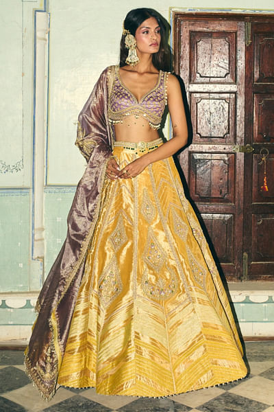 Mustard yellow embroidered tissue lehenga set