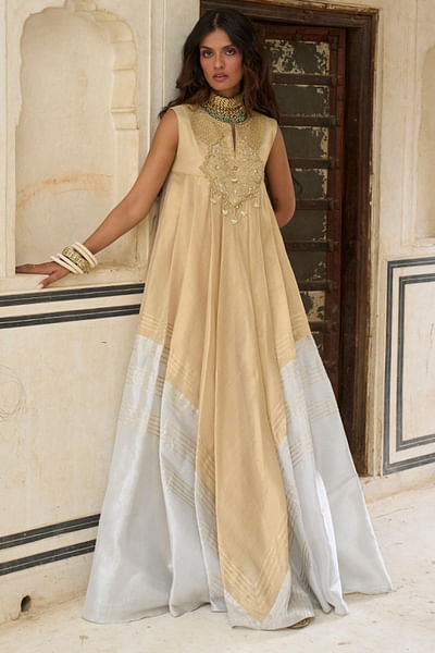 Champagne embroidered tissue choga dress