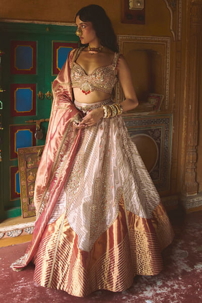 Rose gold zari embroidered tissue lehenga set