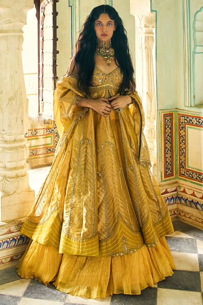 Mustard yellow tissue jacket lehenga set
