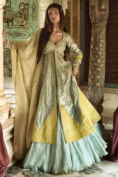 Ice blue embroidered tissue jacket lehenga set