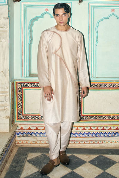 Khakki embroidered angrakha kurta set