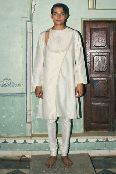 Ivory embroidered angrakha kurta set