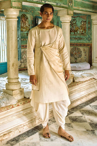 Beige embroidered angrakha kurta set
