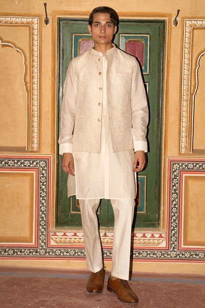 Ivory and beige embroidered bandi kurta set