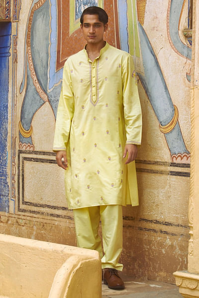 Pastel yellow embroidered kurta set
