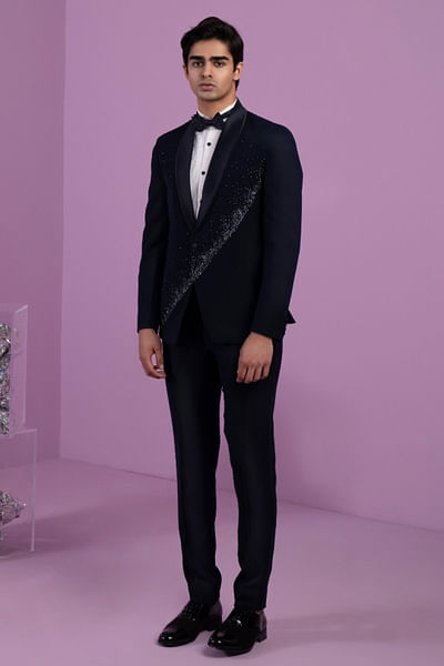 Blue cutdana embroidered tuxedo set