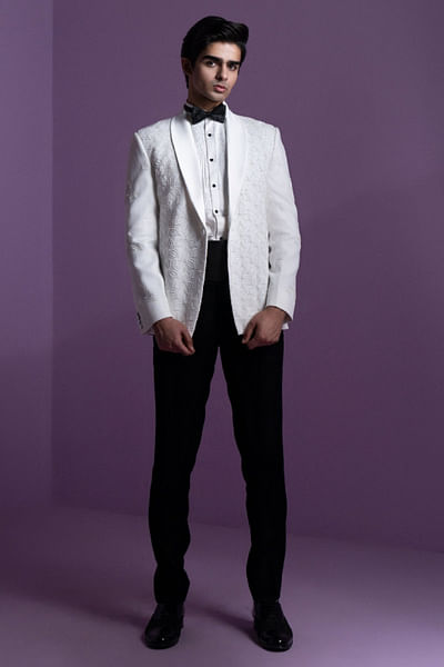White floral embroidered tuxedo set