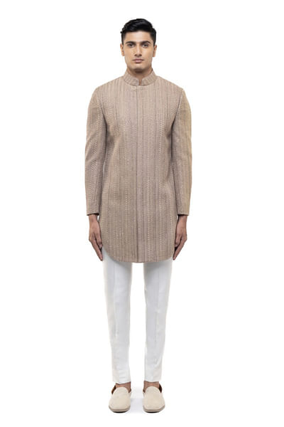 Beige thread embroidered sherwani set