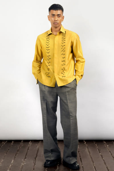 Taarini Anand Mustard embellished pintuck shirt TAARJUL26D150700