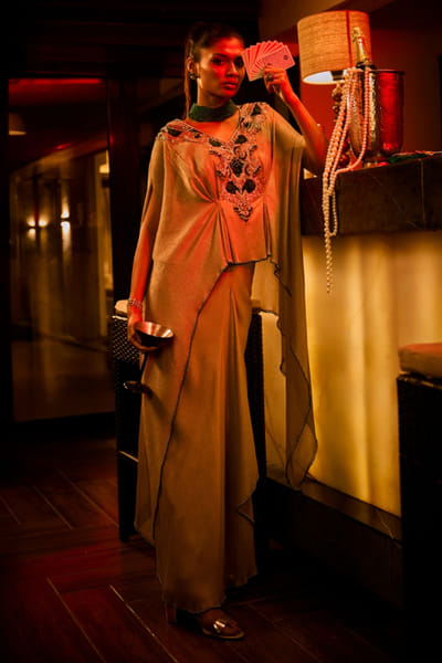 Taupe bead embroidered drape skirt set