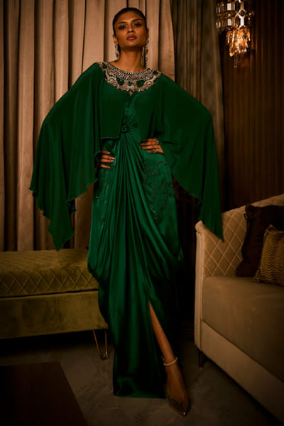 Midnight moss pearl embroidered cape gown