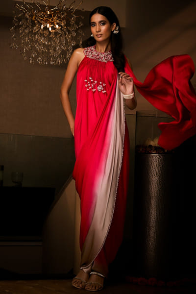 Sangria red embroidered draped sari gown