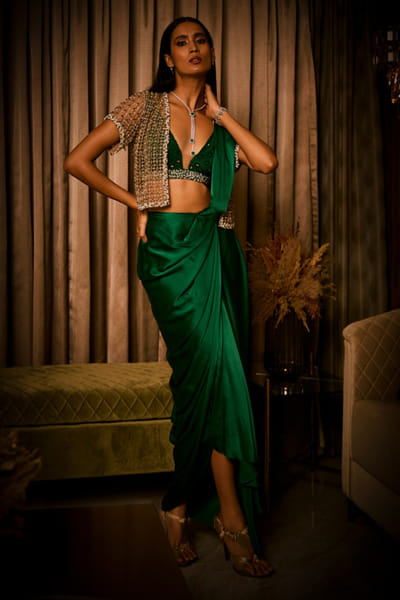 Midnight cutwork embroidered pre draped sari set