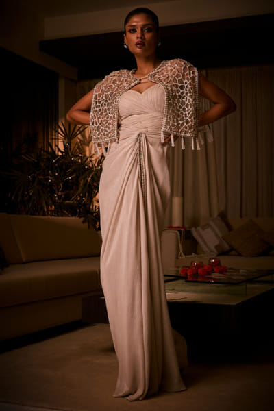 Ivory pearl embroidered cape gown