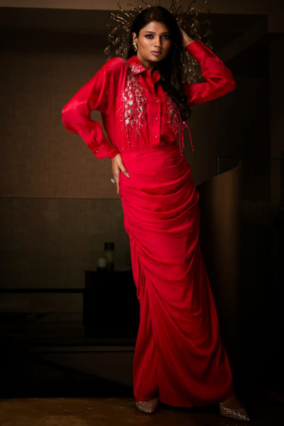 Sangria red sequin embroidered cowl skirt set