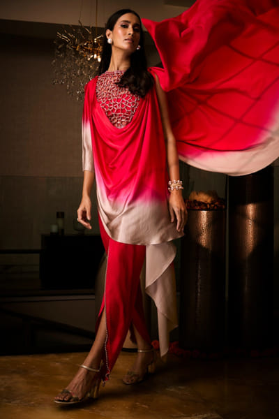 Sangria red bead embroidered ombre co-ord set