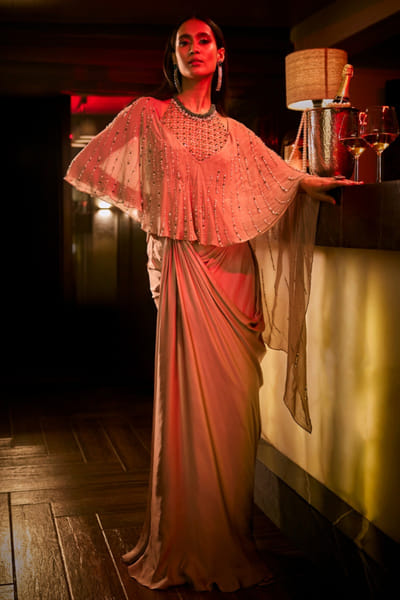 Taupe sequin embroidered drape skirt set