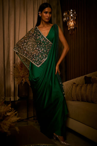 Midnight moss embroidered pre draped cape sari