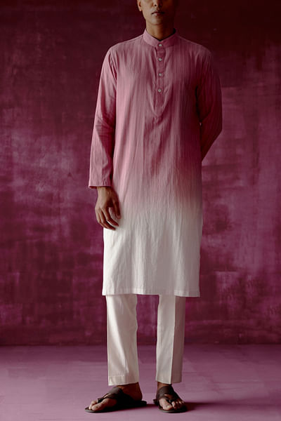 Pink ombre dyed cotton jacquard kurta