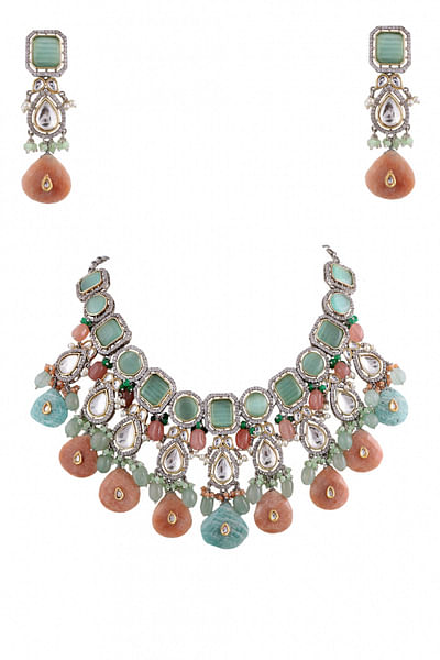 Multicolour polki and stone embellished necklace set