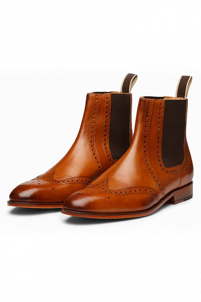 Tan perforated leather brogue Chelsea boots