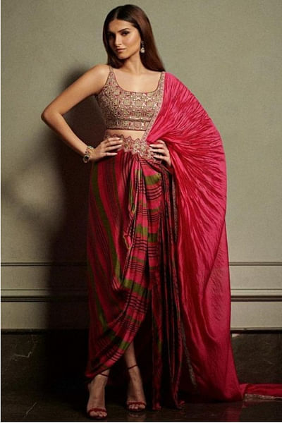 Red printed sari set