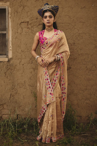 Rashika Mittal Gold floral embroidered sari RASHJUN26D146568